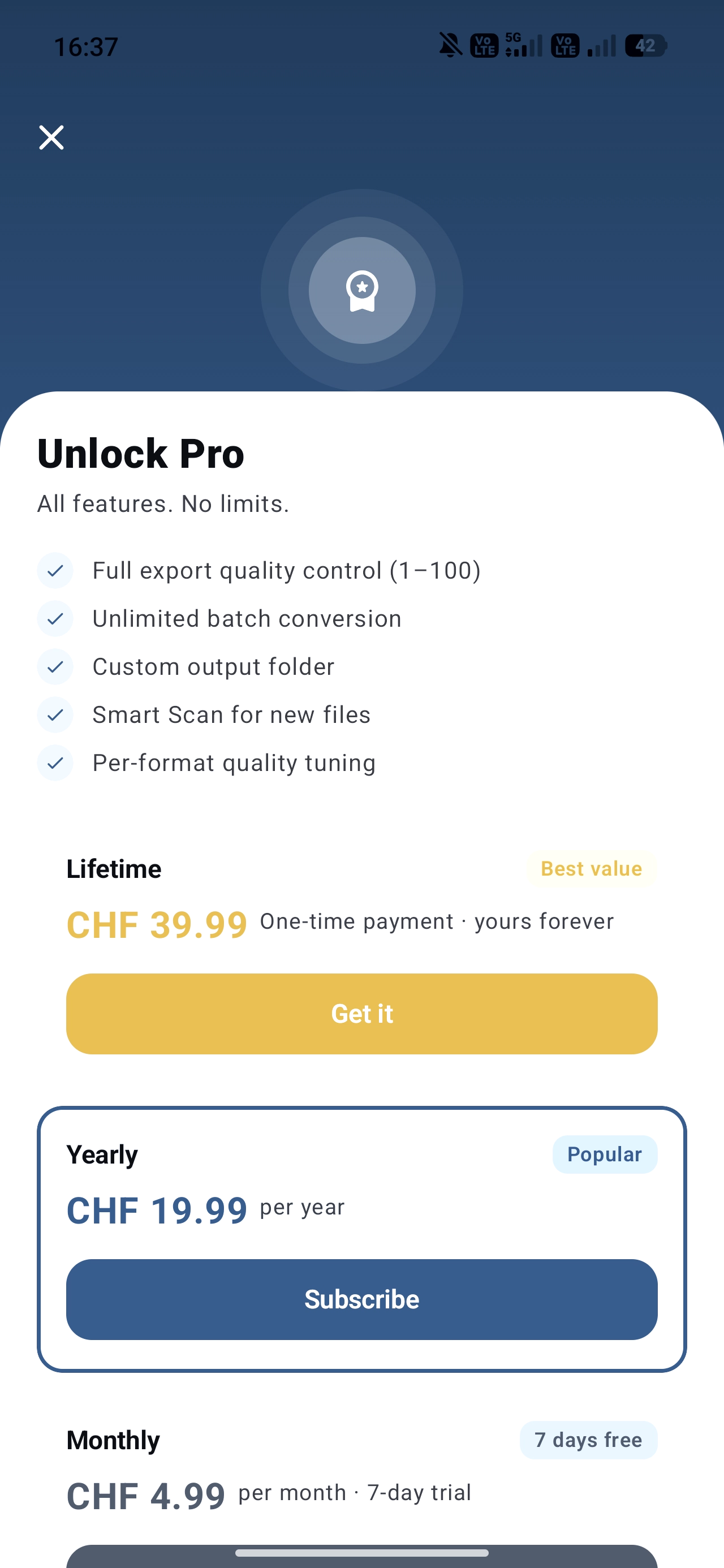 Paywall with 3 pricing tiers