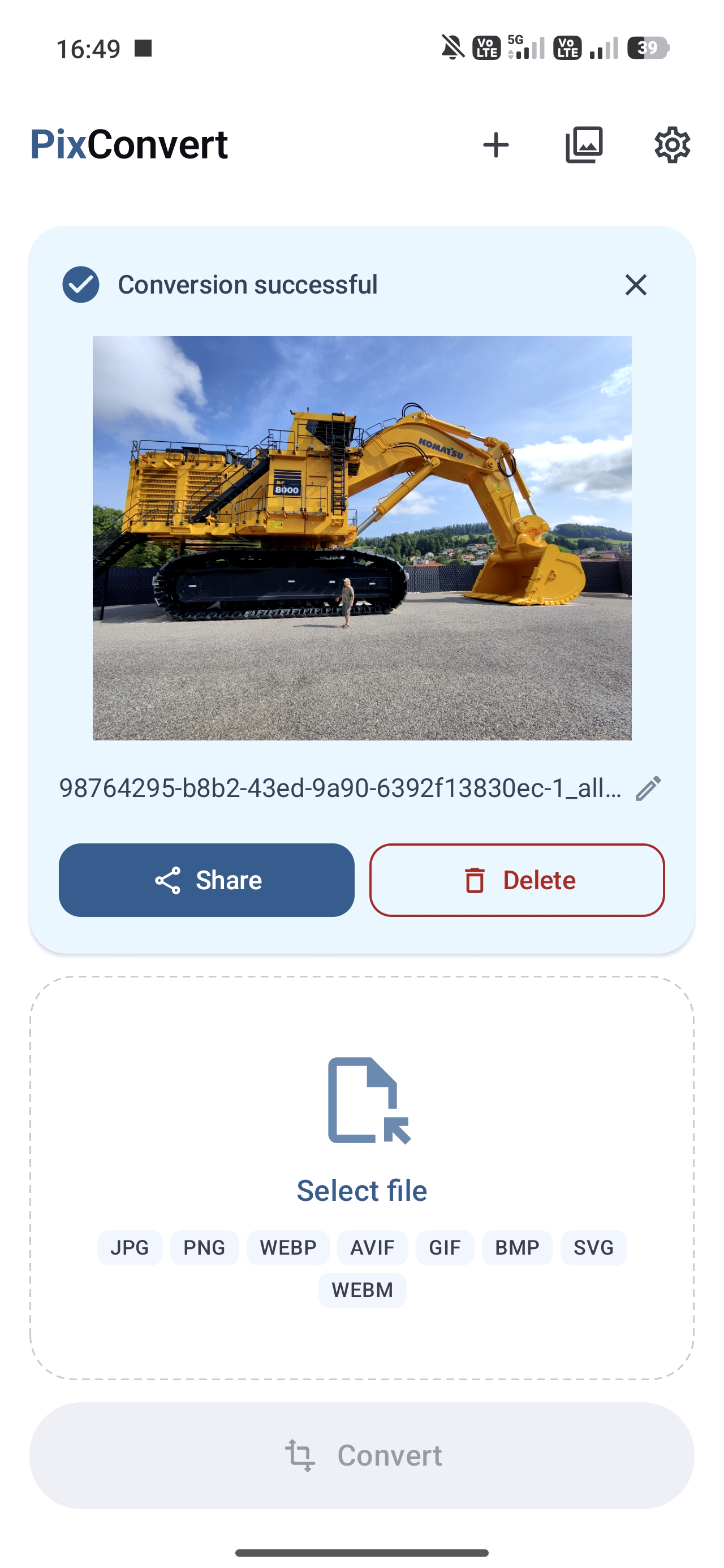 Result card with Share, Save and Rename